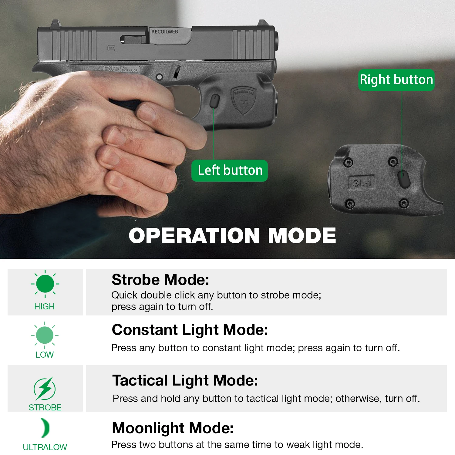 Warriorland Mini linterna táctica para pistola Glock y compatibles - imagen 3