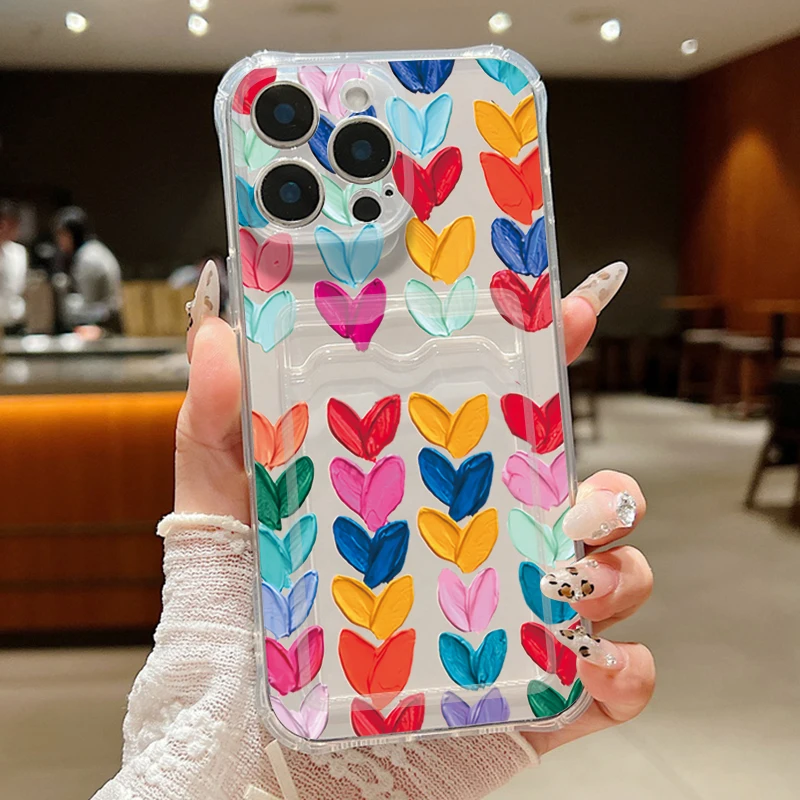 Case For iPhone 16 Pro Max Luxury Card Slot Oil Painting Love Hearts Print Clear Soft Cover For iPhone 11 12 13 14 15 Pro Max