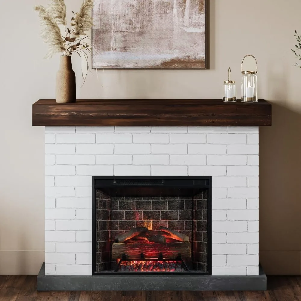 Paquete de repisa Jackson de 55 pulgadas |   Mantel de madera con entorno de ladrillo blanco |   Inserto para chimenea eléctrica inteligente de 28 pulgadas con control remoto |   1500W