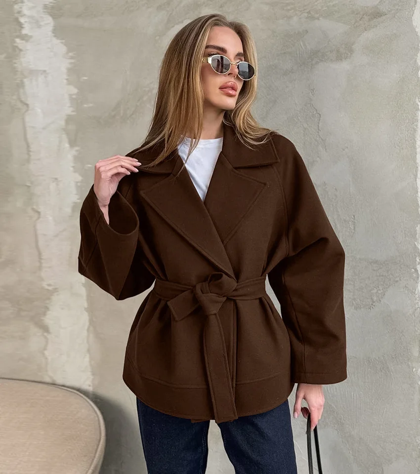 

Fashionable retro strap brown woolen coat for women in winter 2025, loose French commuting mid length woolen coat