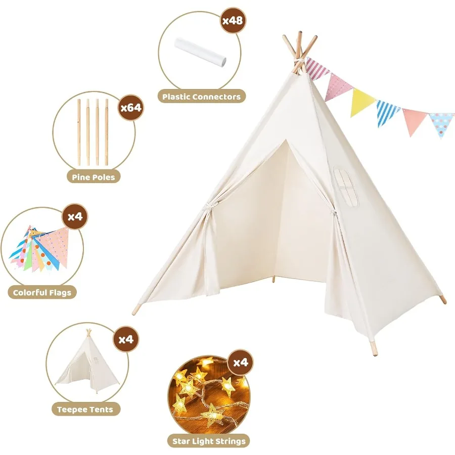 Barraca tipi de lona natural para crianças, 4 pacotes, barracas tipi para festa de meninas com barraca de brincar lavável interna, inclui transporte