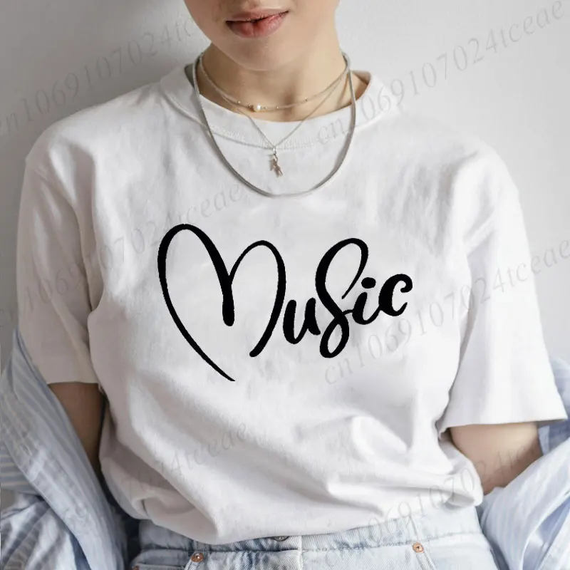 Fashion Women Tshirt Musical Note Print T Shirt Casual Black Tops  Ladies Girls Tee Shirt Top Female Music Heart Graphic T-shirt