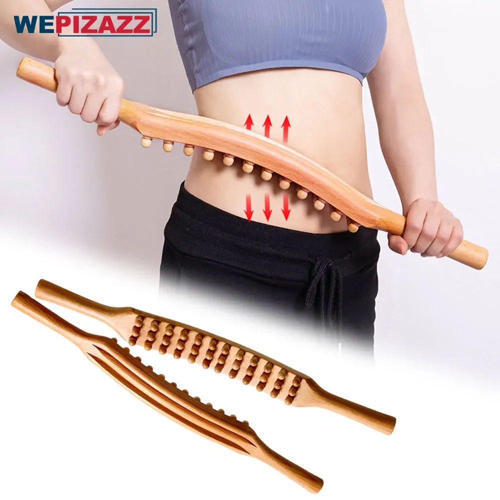 Guasha Wood Stick Tool Wooden Therapy Scraping Lymphatic Drainage Massager,Double Row 36 Beads Point Treatment Tool for Back Leg