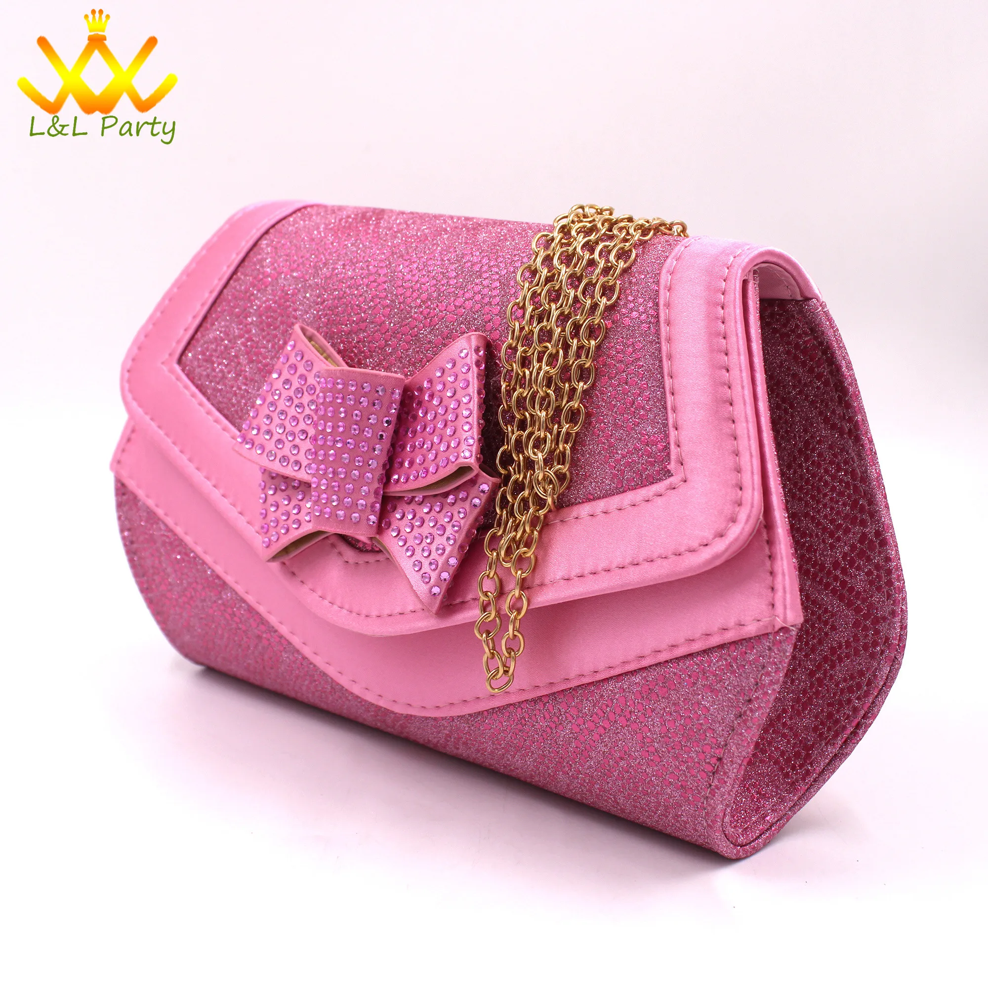 Pink New Arrivals Nigerian Women Shoes and Bag Set Italian Design Low Heels with Crystal Peep Toe Sandals for Party