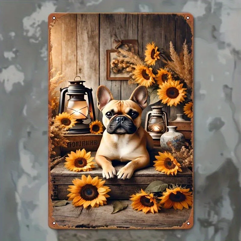 Faurecia French Bulldog & Sunflower Retro Metal Tin Wall Art -  Rustic Iron Hanging Sign, Easy Installation with Pre-Drilled Ho
