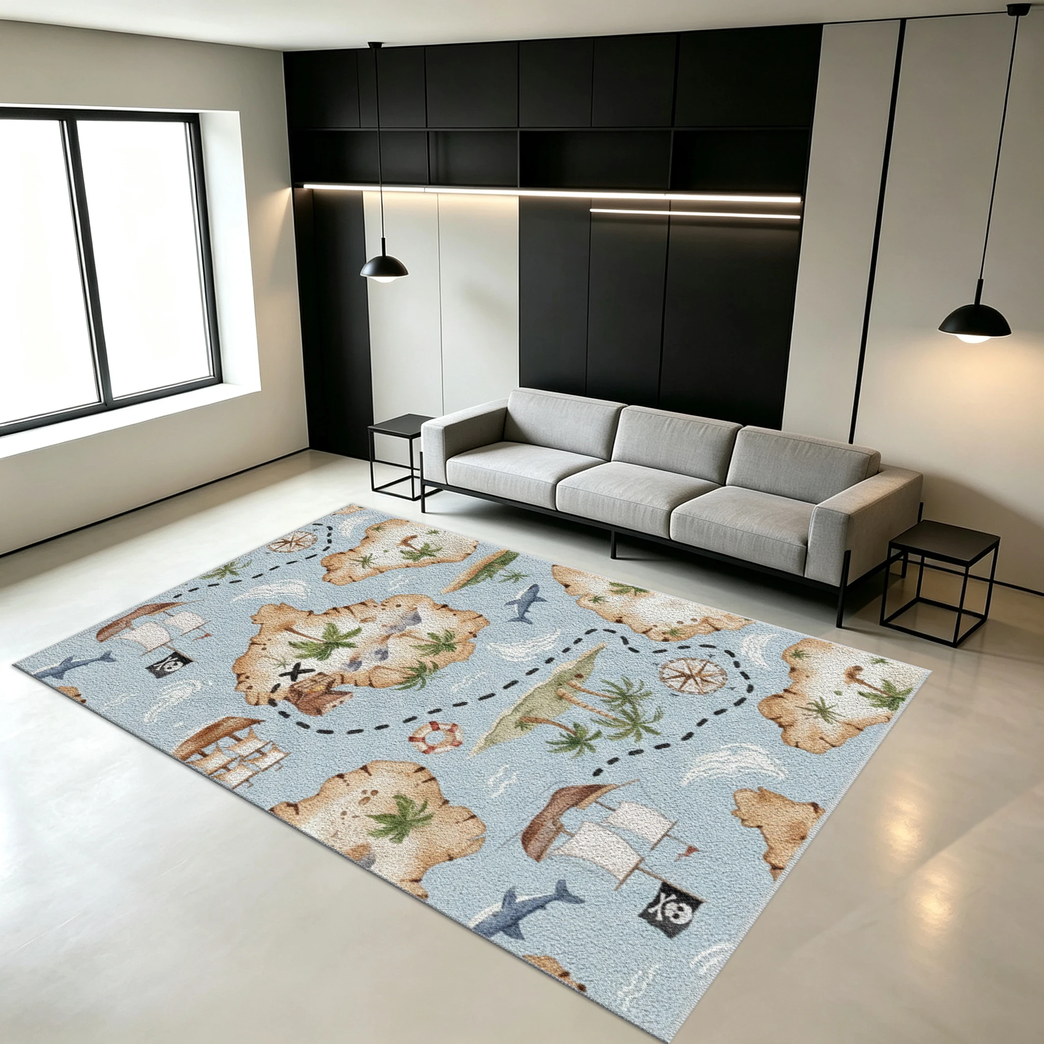 Pirate Treasure Map Island Ocean Shark Kids Rug Non-Slip Play Carpet Suitable for Boys Playroom Bedroom Home Decor