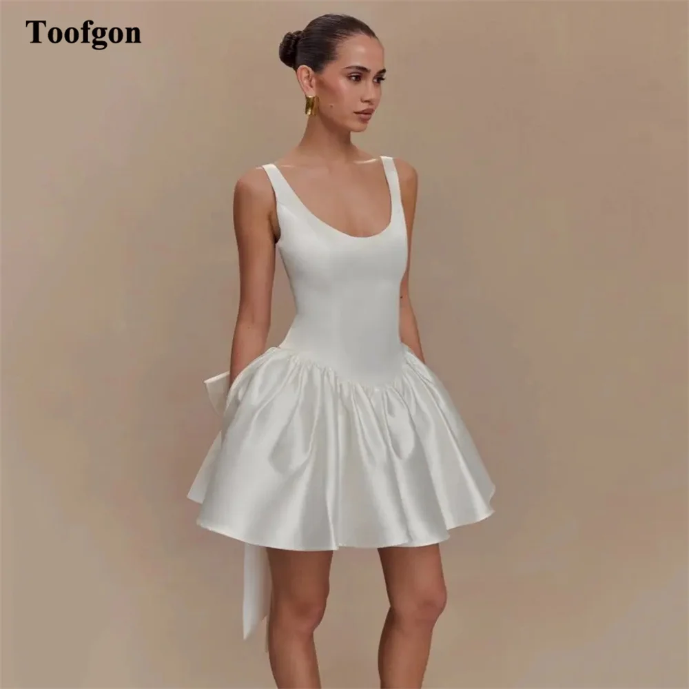 

Toofgon A Line Soft Satin Mini Wedding Dresses Scoop Bow Back Customized Bride Dress Photo Shoot Formal Party Bridal Gowns 2025