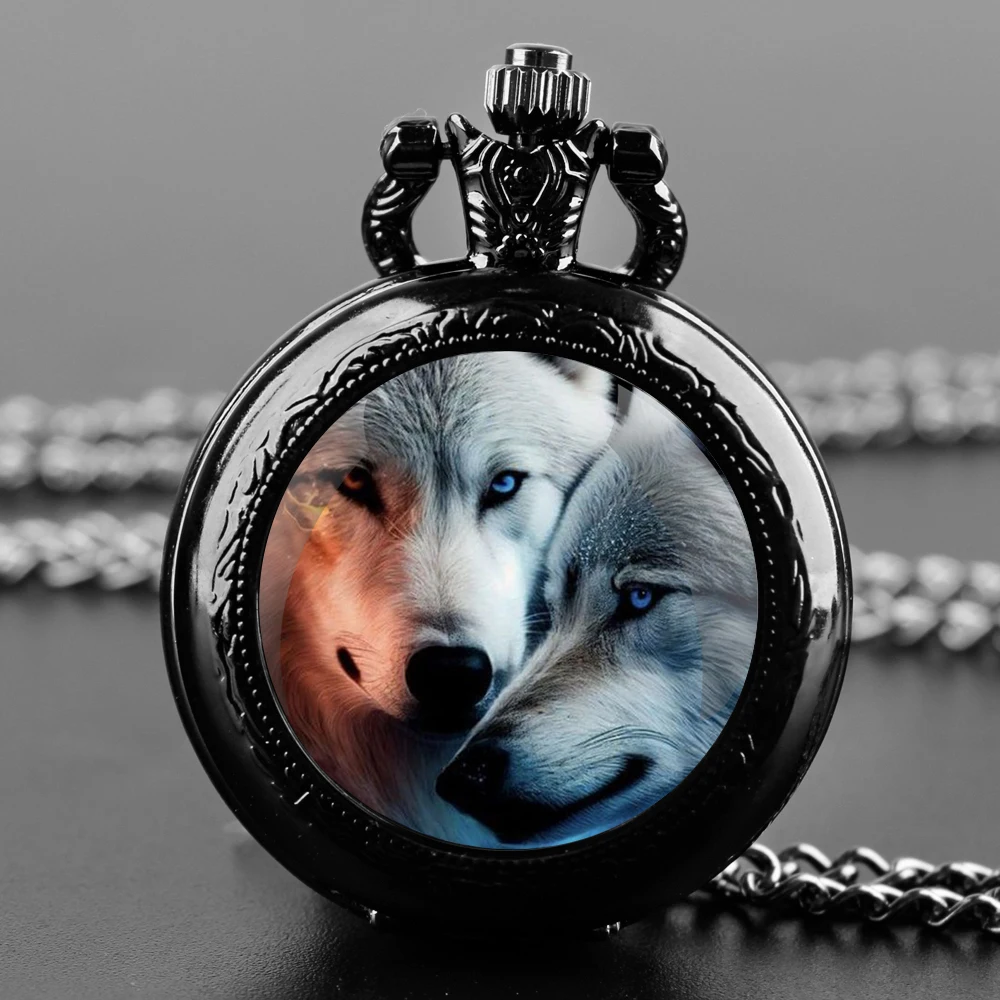 Snuggling Wolves Themed Glass Dome Black Quartz Pocket Watch Classic Arabic Numeral Dial with Durable Chain for Men Gifts