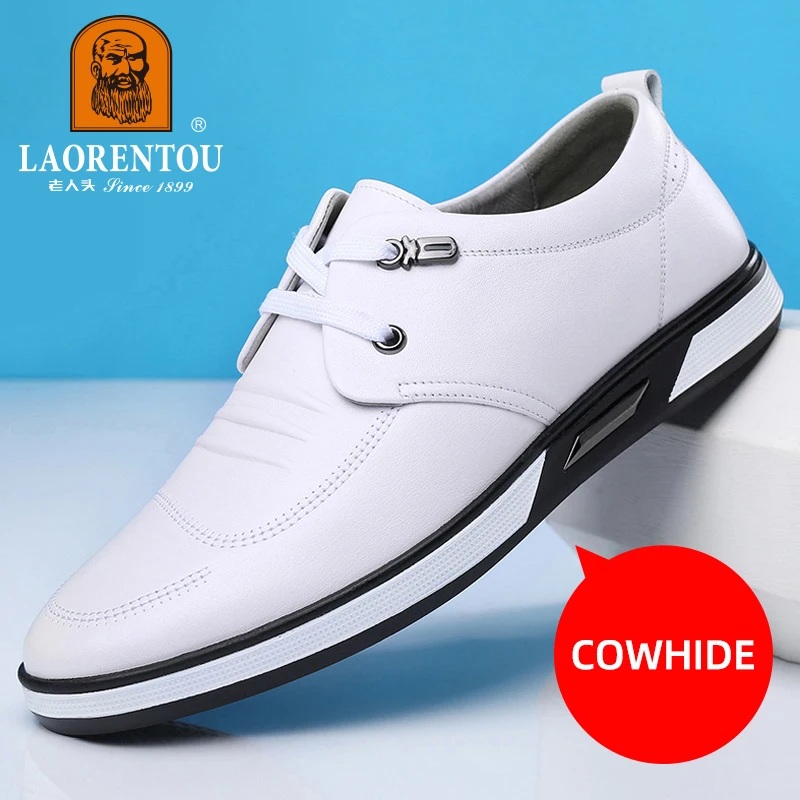 LAORENTOU genuine leather breathable casual small white shoes for men's Korean version cowhide soft sole white driving shoes