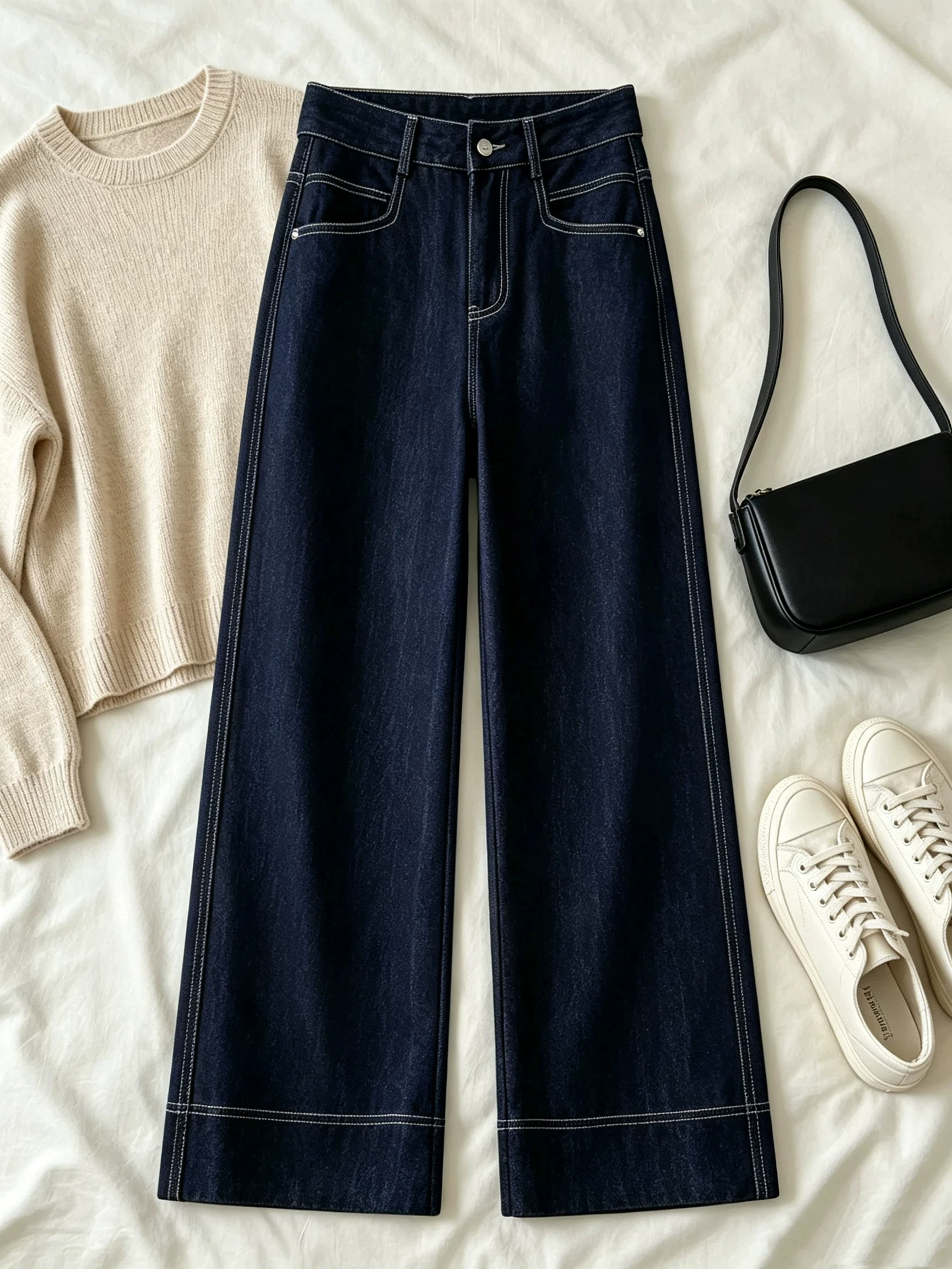 High Waist Loose Fit Straight Leg Denim Blue Jeans Women's Wide Leg Narrow Version Autumn New Style Casual High Waist Jeans