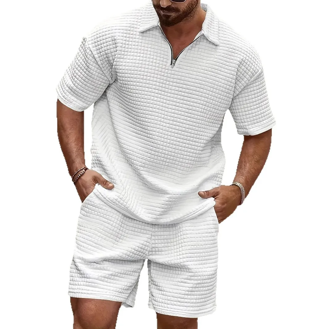 Summer New Men's Set Trendy Casual Fashion Small Square Comfortable Solid Color Polo Sport Set