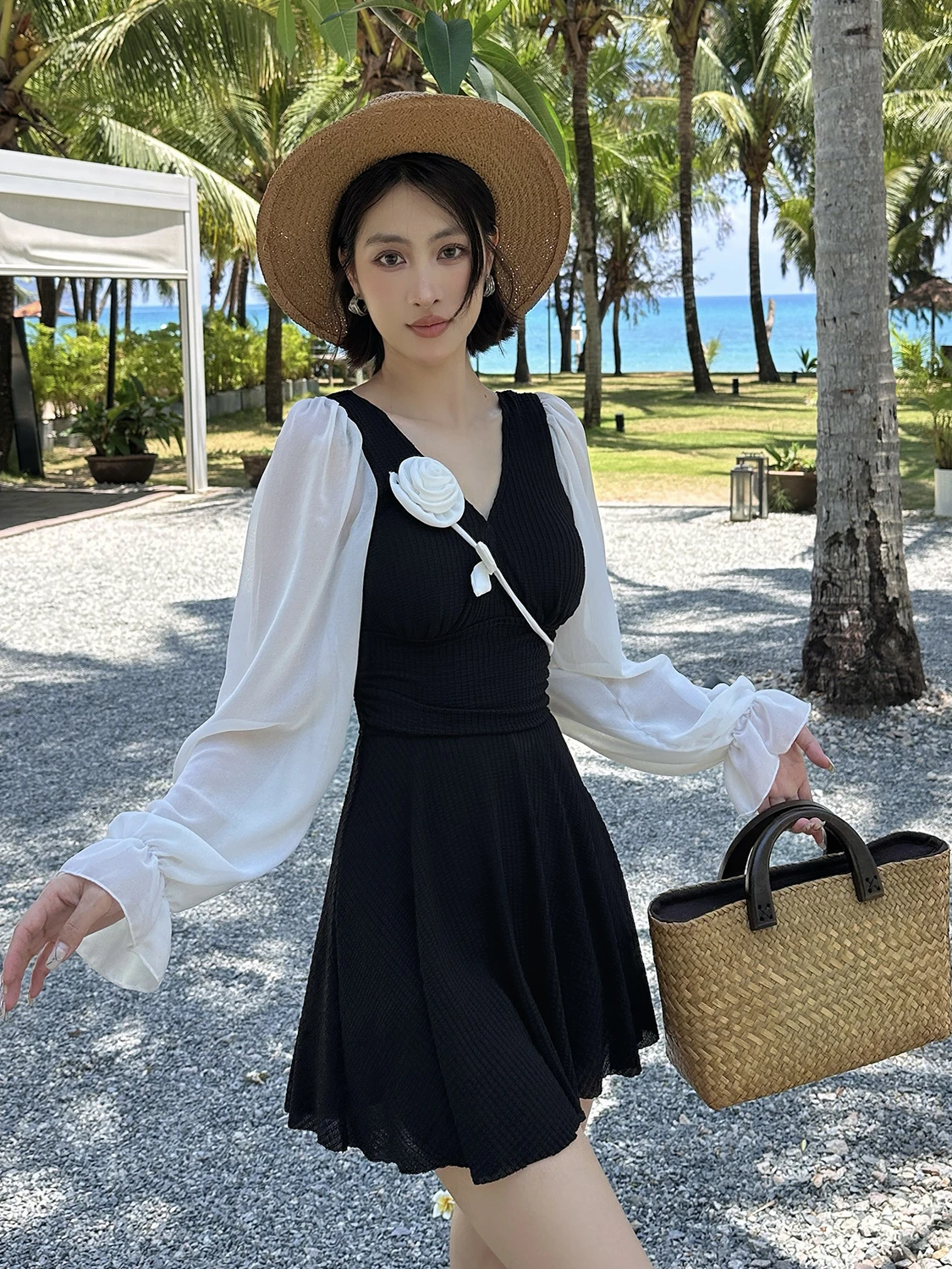 

Консервативный купальник больших размеров с юбкой и длинными рукавами для женщин, пляжная одежда для горячих источников, V-образный вырез, Fairy Sle