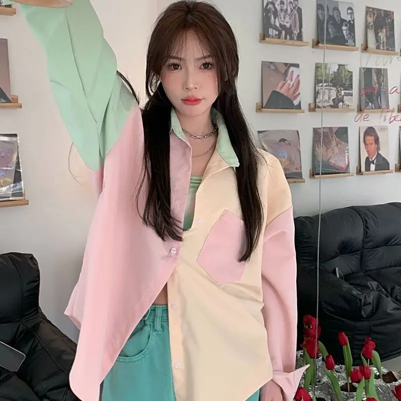 

Design Sensation Color Block Long Sleeve Loose Women's Shirt 2025 New Style Looking Sun Protection Dopaamine Trend Top