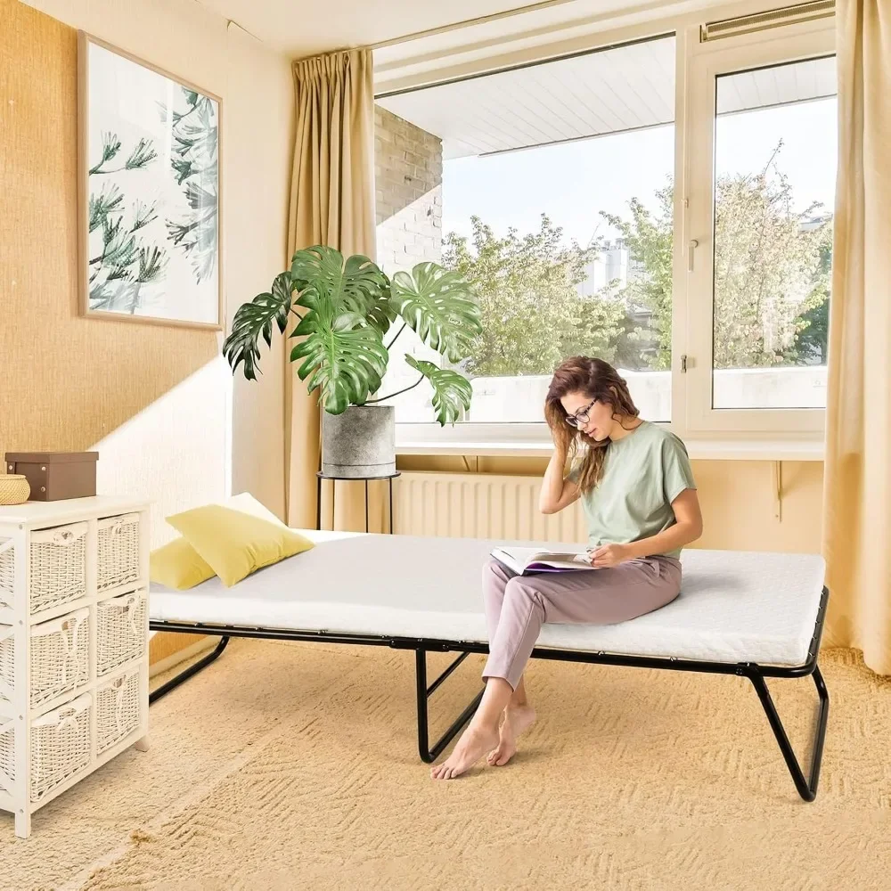 

Folding Bed with Wheels, Rollaway Bed with Mattress for Adults, Foldable Bed, Portable Bed, Metal Bed Frame with Memory Foam Ma