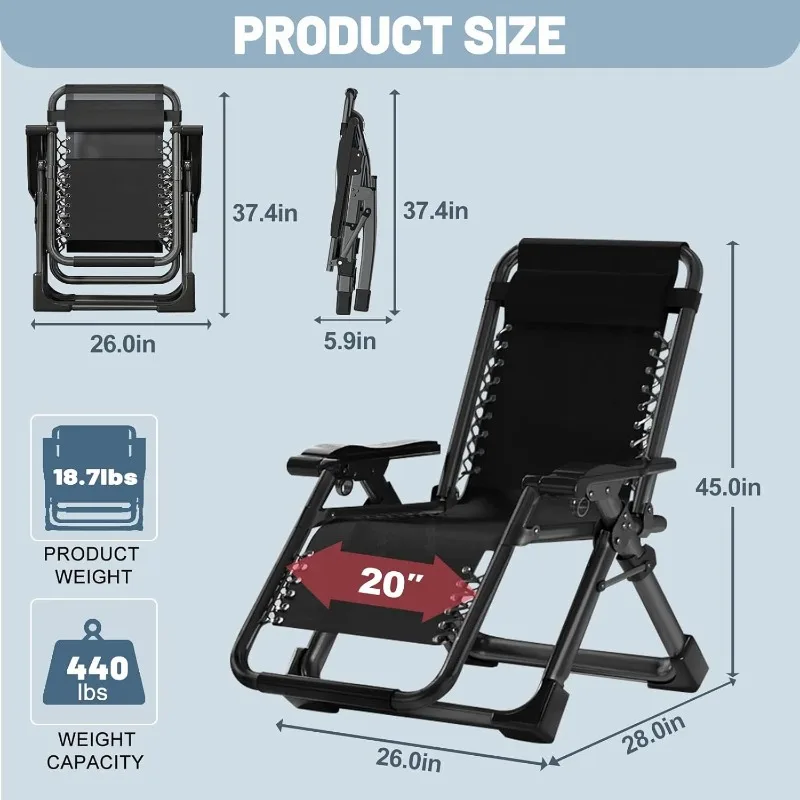 Gravity Chair, Reclining Lounge Chair with Removable Cushion & Tray for Indoor and Outdoor, Patio Recliner Folding Reclining