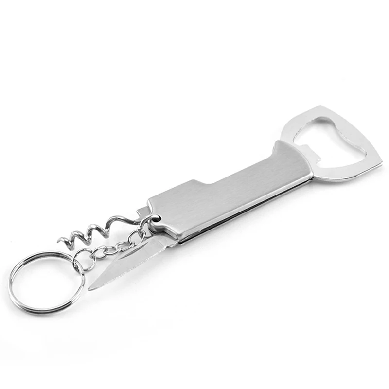 Portable Stainless Steel Corkscrew Wine Opener with Keychain, Multifunctional Beer Bottle Opener, Knife, Gift for Mens