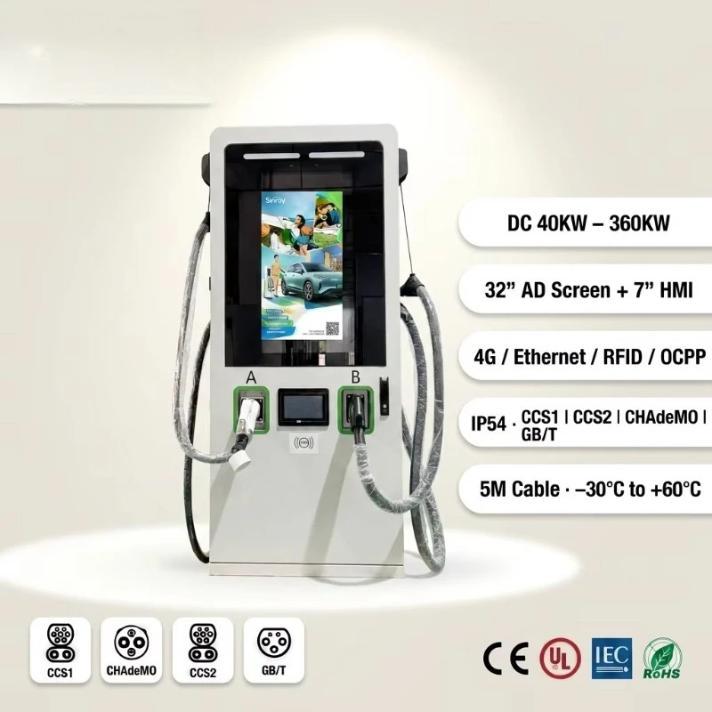 Customized 60KW 120KW 320KW DC Level 3 EV Charger 32 Inch AD Screen Double CCS1 CCS2 CHADEMO GBT OCPP 1.6J 4G RFID IP54 Front Ca