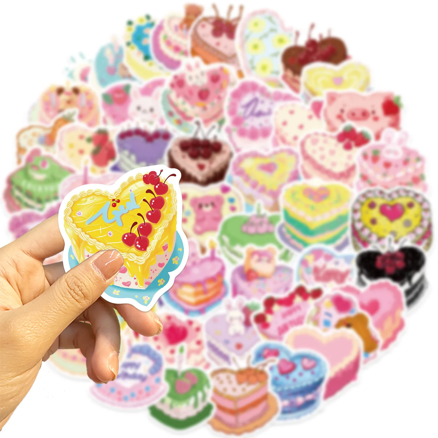 50pcs Heart Shaped Cake Cute Cartoon Graffiti Stickers DIY Phone Guitar Laptop Notebook Suitcase Cup Waterproof Sticker Kids Toy