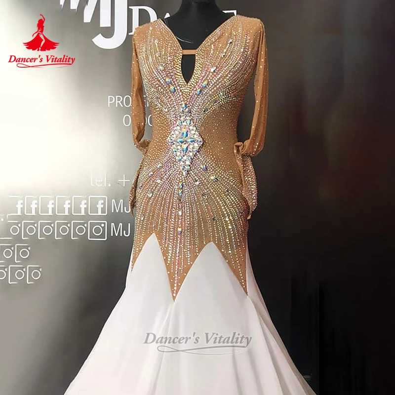 2-Tone Matching Luxury AB Stones Social Dance Dresses Customized Adult&Child Waltz Tango Perform Deep-V Attire Dancer's Vitality
