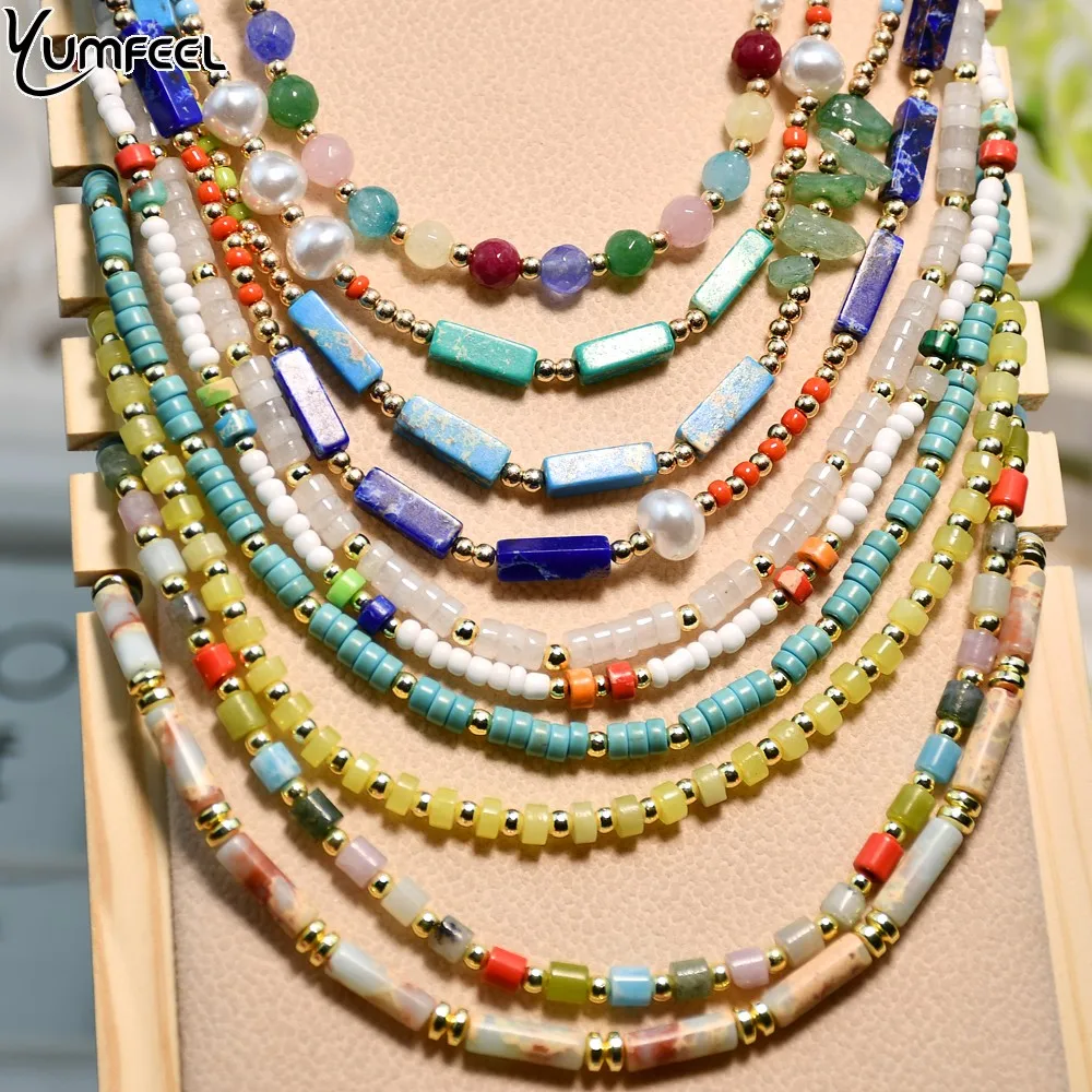 

Yumfeel Natural Stone Necklaces for Women Bohemian Summer Colorful Beaded Chokers Chain Imitation Pearl Jewelry Gift