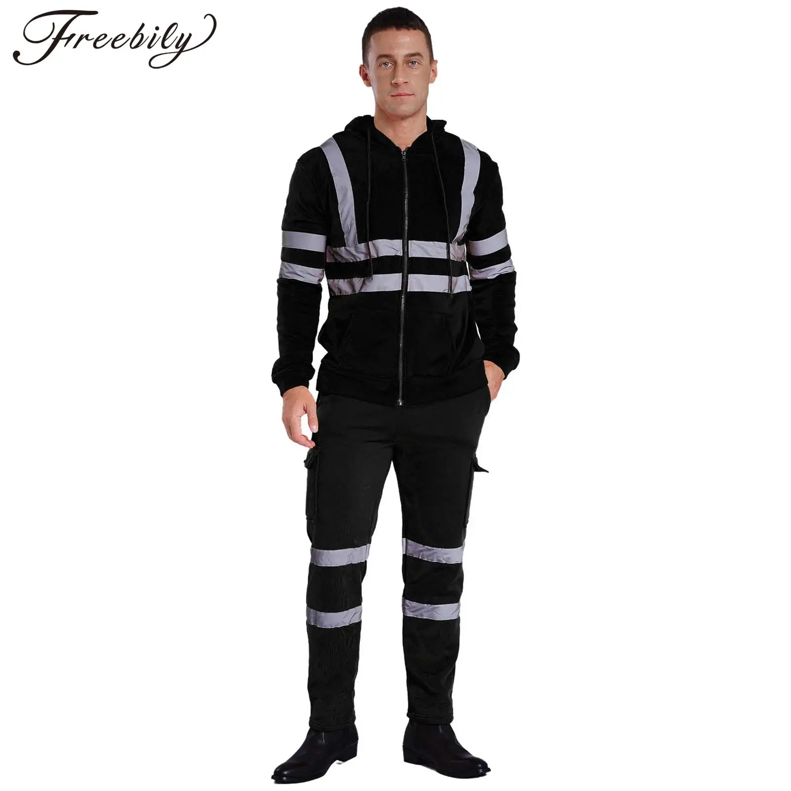 

Mens High Visibility Jacket Hooded Fleece Reflective Sweatshirt and Joggers Pants Hi Vis Trousers Sportswear Set