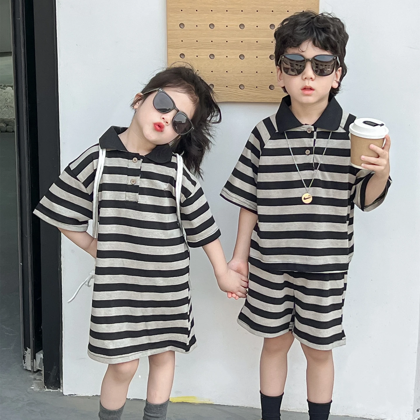 Brother Sister Matching Fashion Clothes Korea Children Twins Striped Clothing Girl Dress Boy Polo Shirts Shorts 2 Pieces Outfits