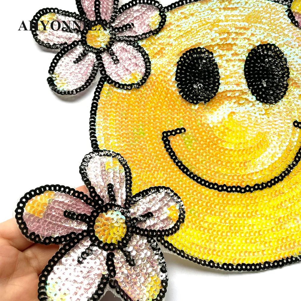 24CM X 28CM Yellow Smile Face Embroidery Patch Sequin Sticker Parches For Clothing Appliques Sew On Patches