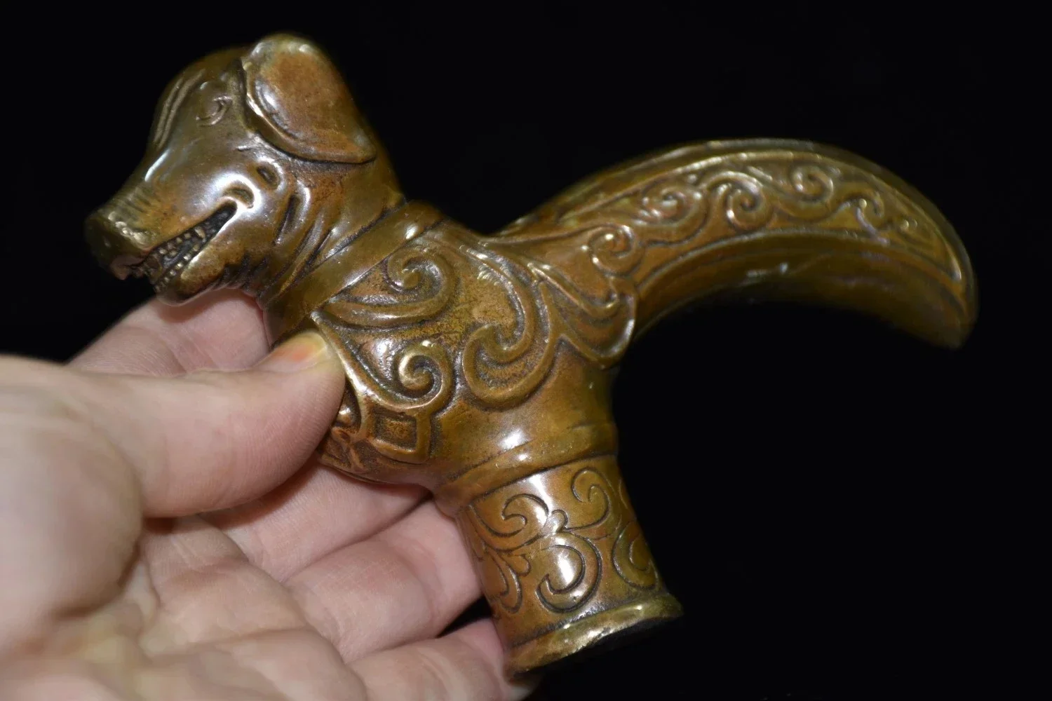 Collection Bronze Dog Crutch Head,High Quality Home Art Decoration Crafts Cane Walking Stick  Head,Height 10cm,Long 13cm