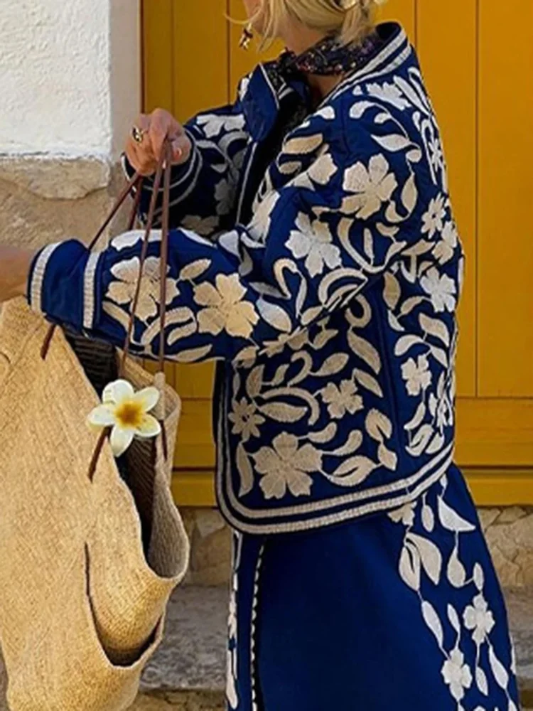 Women'S Retro Open Front Printed Embroidered Jacket Lightweight Casual Long Sleeve Autumn Street Fashion Cardigan