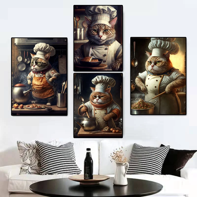 Chef Gato Cozinhar Alimentos Pintura Da Lona Nórdico Vintage Cartazes e Estampas de Cozinha Arte Parede Fotos para Casa Restaurante Decoração Casa