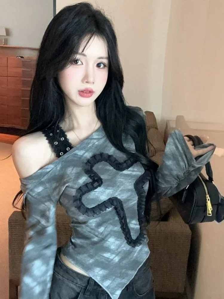 Y2k Aesthetic Irregular Tie-dye Vintage Tshirts Streetwear Skew Collar Bodycon Tshirts Harajuku Women Grunge Patchwork T-shirt