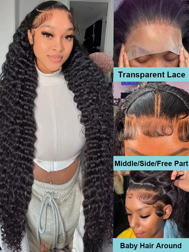 30 Inch HD Transparent 13x6 Water Curly Lace Frontal Human Hair Wigs 250% Brazilian Deep Wave 13x4 Lace Front Wig For Women image 2