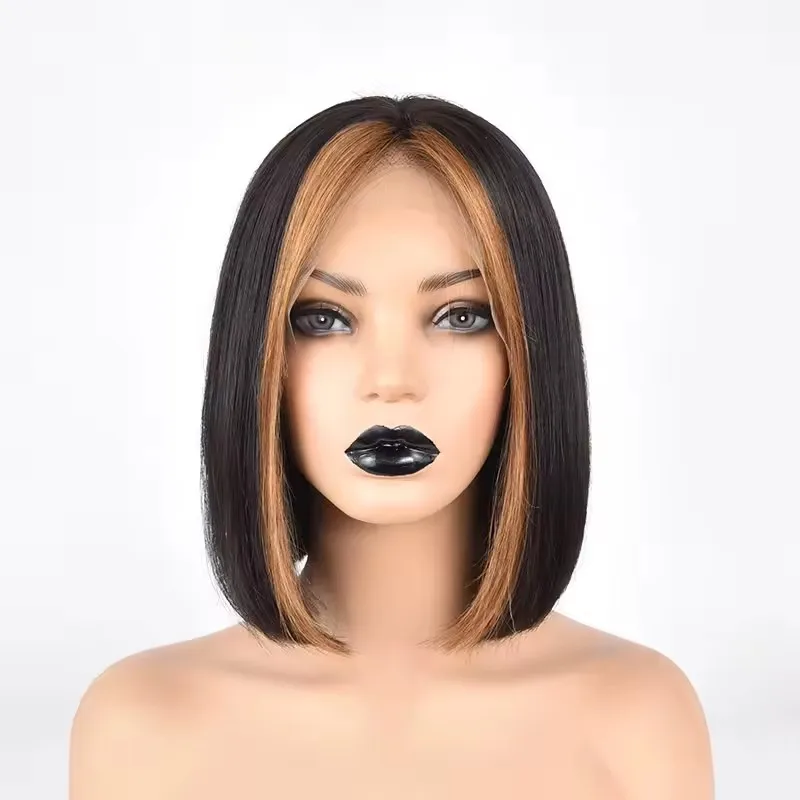 MDL 100% Remy Human Hair 13x4 HD Lace Front Frontal Short Bob Wig for Women Pre Pulcked Straight Black Light Brown Stripe