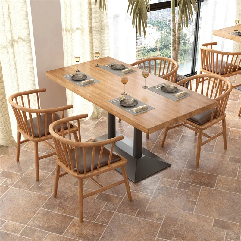 Solid wood dining table casual coffee shop milk tea shop rectangular table cooking shop wrought iron square table commercial