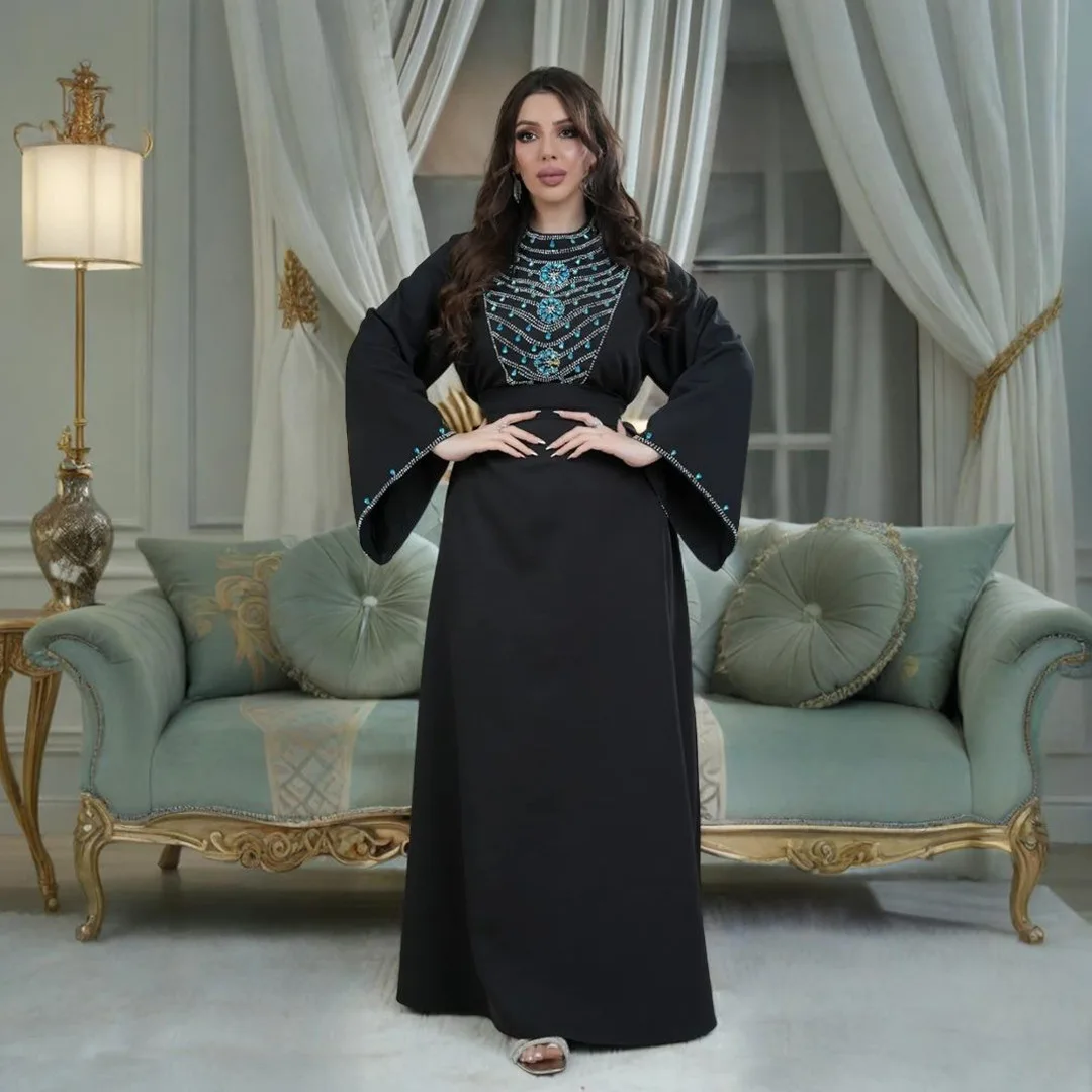 

Xqy500395 Fashionable Women's Dress With Rhinestone Belt 2026 Muslim Long Dress Robe Abaya Ramadan Dubai Luxury Islam Elegant