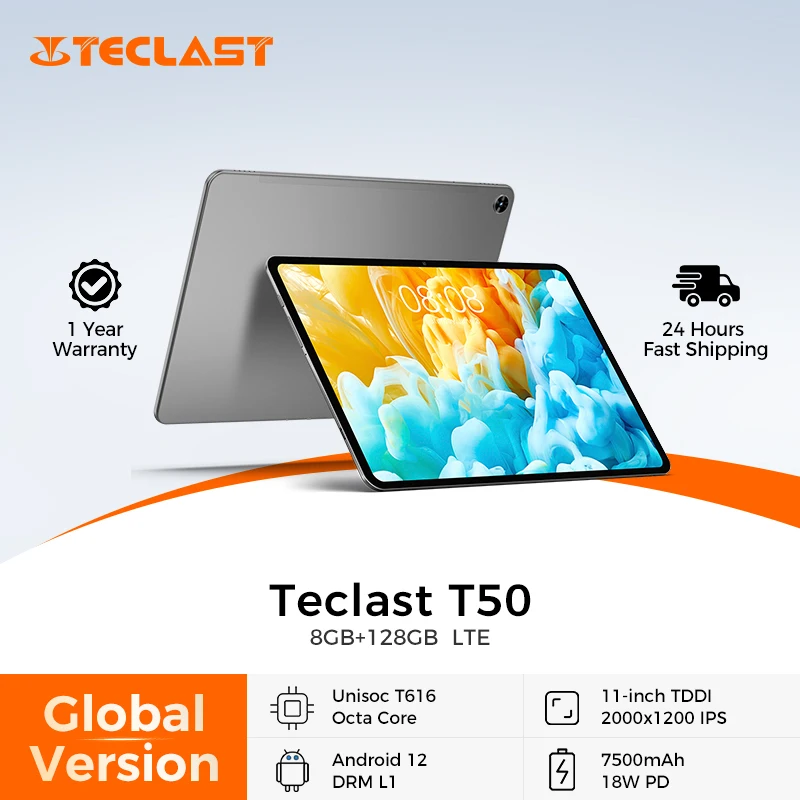 Teclast T50 11 дюймов 2K Планшет Android 12 2000x1200 8 ГБ ОЗУ 128 ГБ ПЗУ UNISOC T616 Восьмиядерный процессор 4G Сеть Type-C 18 Вт 7500 мАч Быстрая зарядка