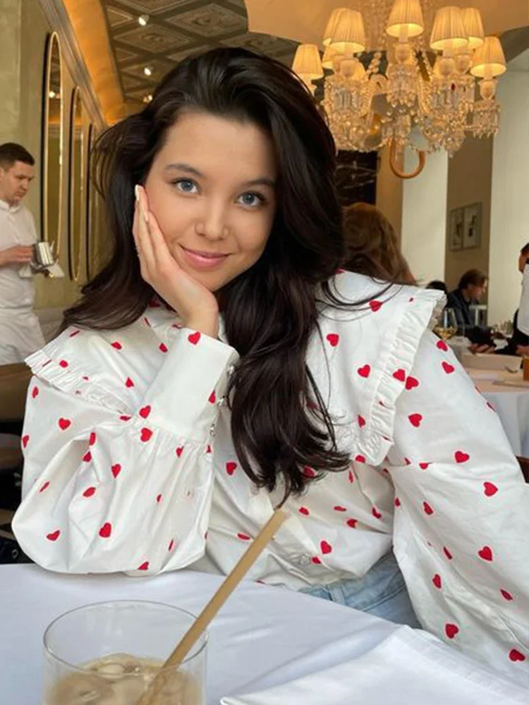 

Fmxires Heart-shaped Printed Shirt European and American 2025 Autumn New Style Red Doll Collar Lantern Sleeves Loose Style Shirt