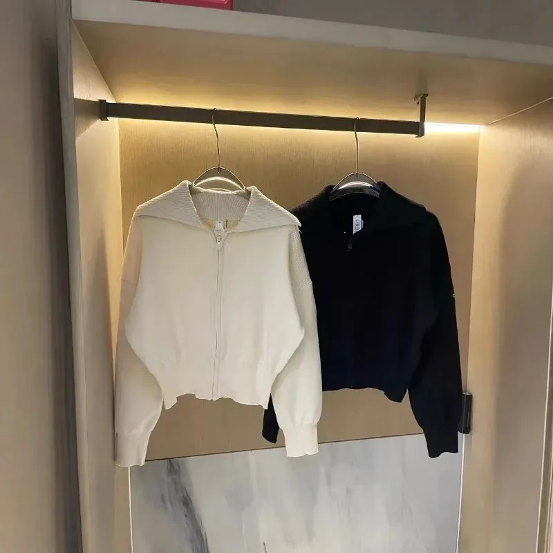Solid Color Long Sleeve Sweater Women Coats Goddess Yoga Knit Casual Zipper Lapel Jacket Open Front Cardigan Cropped Hoodie