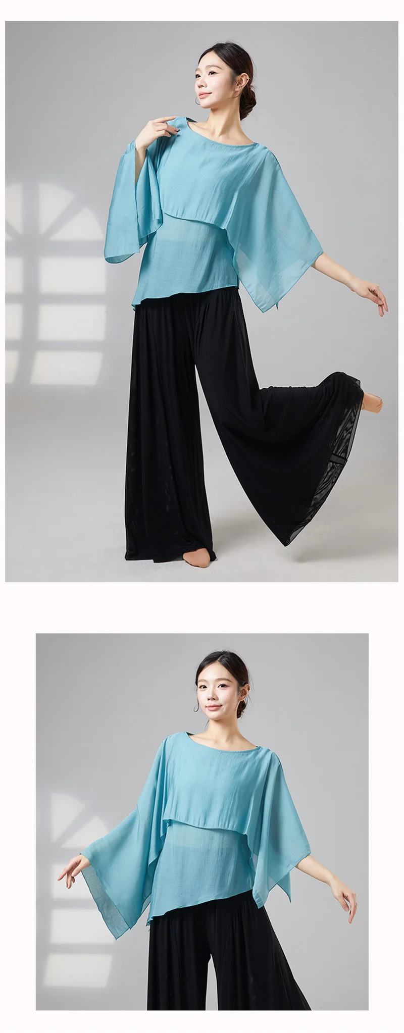 Damen Klassisches Modernes Tanz-Oberteil Fließende Unregelmäßige Bluse mit Weiten Glockenärmeln Lyrisches Tanz-Überzugskostüm Yoga-Top – Detail 7