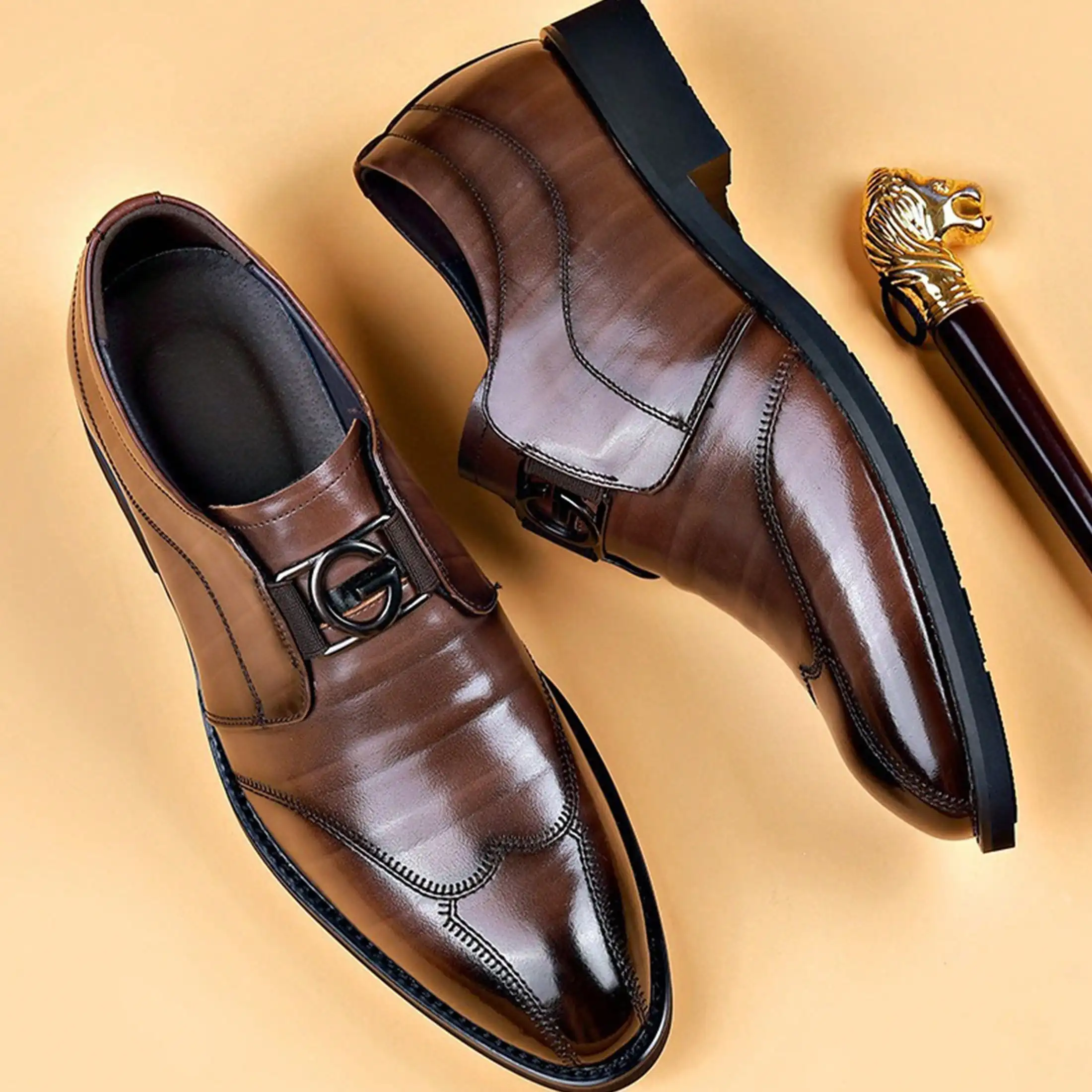 Mens Leather Dress Shoes Wedding Casual Shoes Pointed Toe Buckle Decor Formal Footwear Business Office
