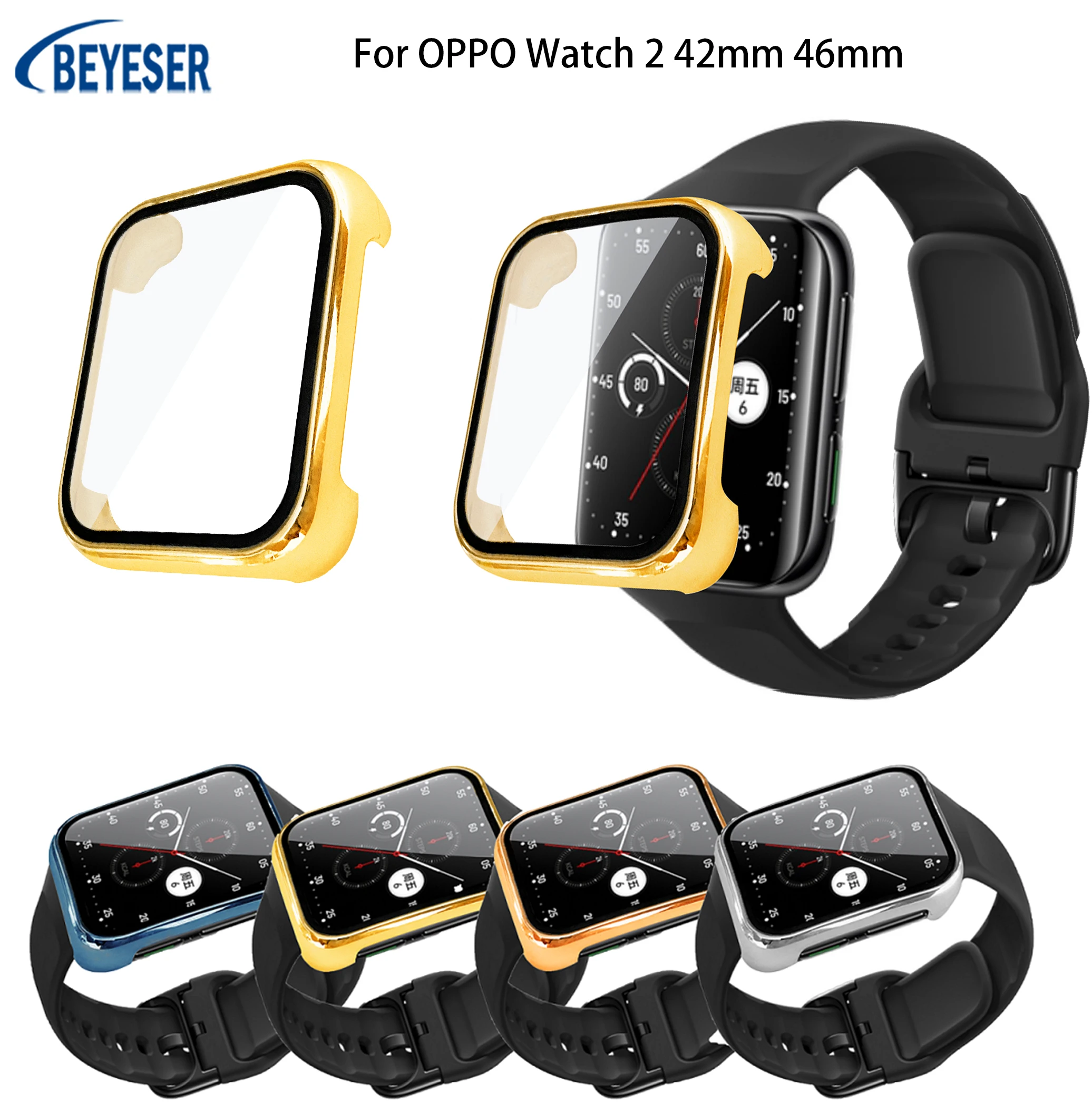 Electroplating Case For OPPO Watch 2 42mm 46mm 2in1 Tempered Film+PC Shockproof Protective Cover SmartWatch Accessories