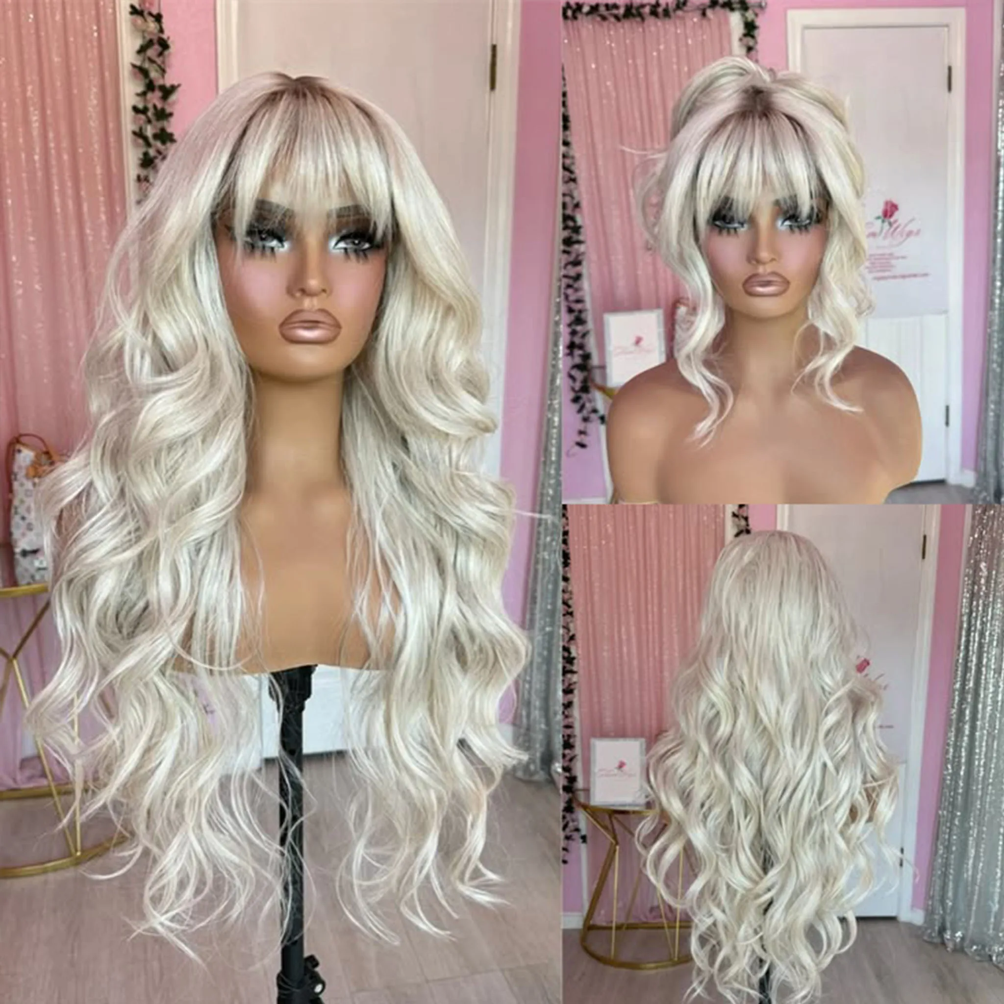 Weiße Platinblonde Vollspitzenperücke mit Pony, Europäisches Echthaar, Natürlicher Haaransatz, Ombre, Kleberlos, 360 13x6 Spitzenfrontperücke mit Pony – Detail 2