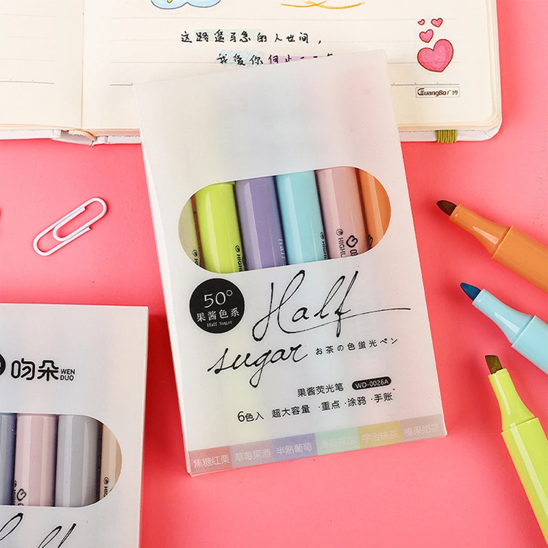 6pcs Kawaii Half Sugar Highlighter Pen Colorful Cute Marker Pastel Highlighter Cool Pens Student School Supplies Stationery Set