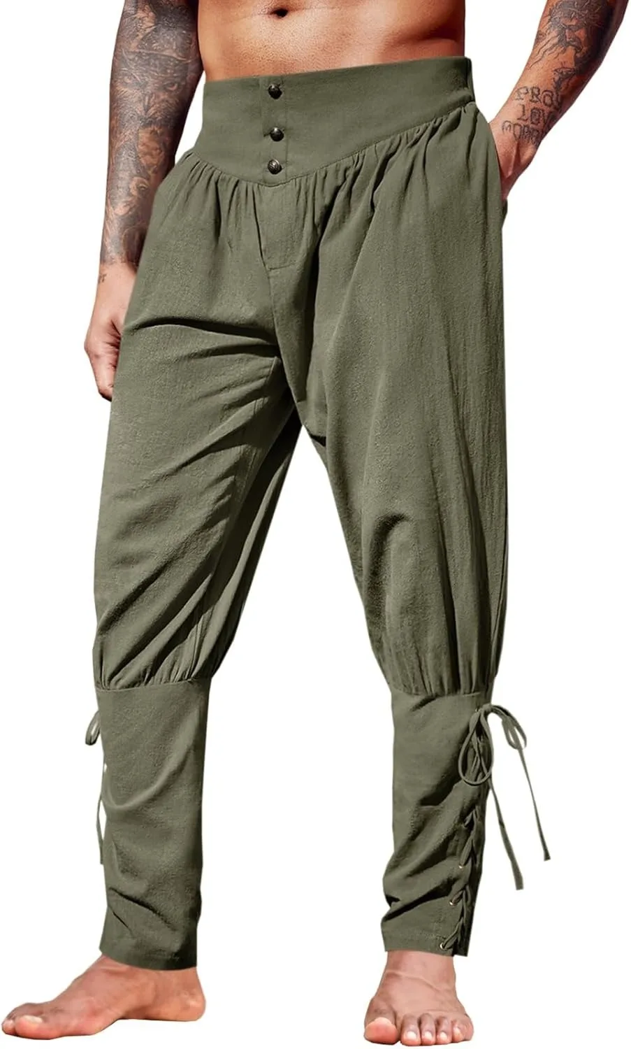 Mens Medieval Ankle Pants Renaissance Viking Pirate Lace Up Tapered Halloween Linen Costume Trousers