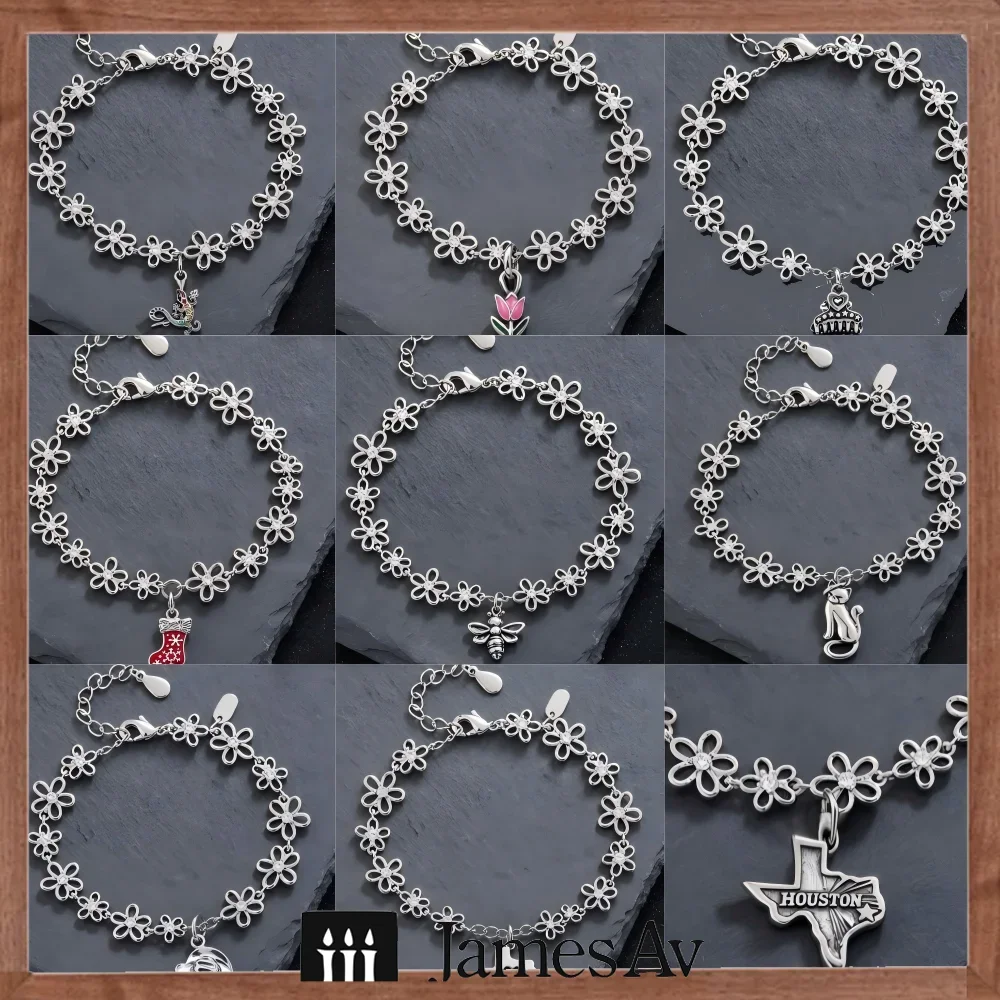 2026 New S925 Silver Vintage Oxidized Flower Link Charm Bracelet for Women, Hollow Floral Chain Bracelet with Enamel Pendants, Tulip, Christmas Stocking, Texas Map, Cat & Multi Style Charms