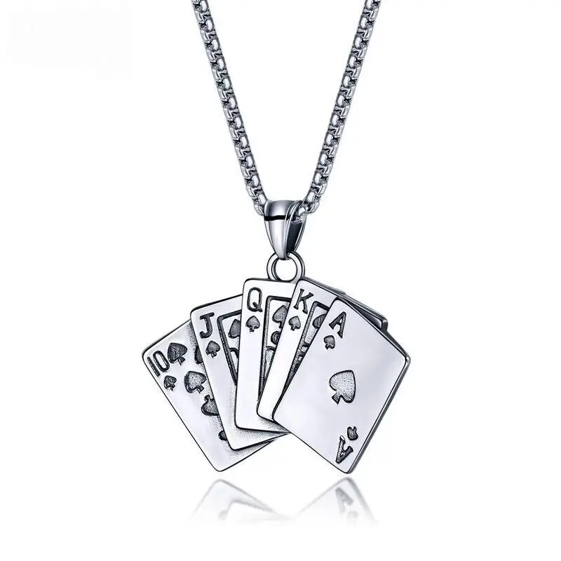 Hiphop Style Stainless Steel Necklace with Good Luck Straight Flush Poker Card Spade Pendant Unisex Fashion Jewelry