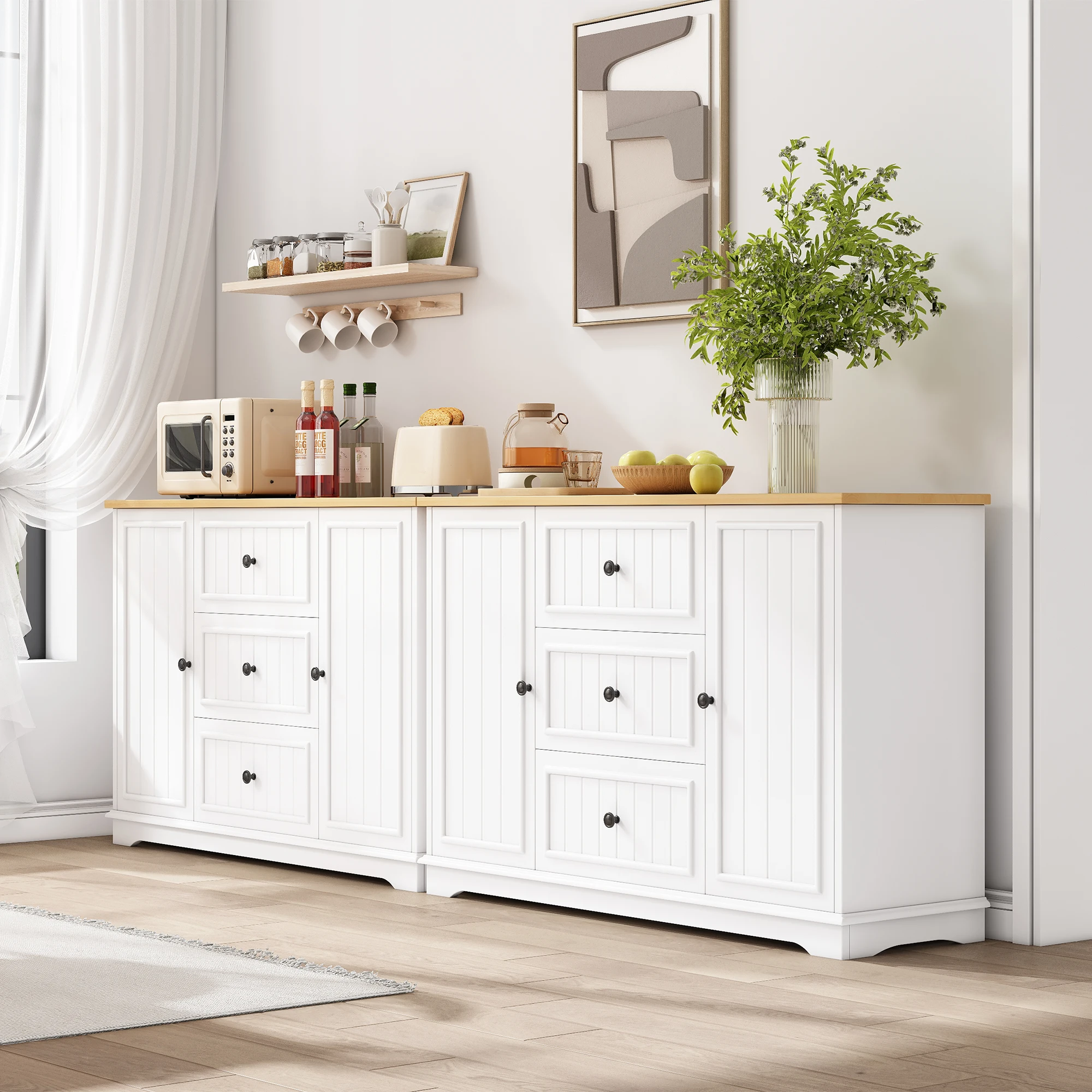 Weißes Modernes Elegantes Sideboard mit 3 Schubladen und Kühlschrank-Stil-Türen, Aufbewahrungsschrank für Esszimmer, Wohnzimmer und Flur