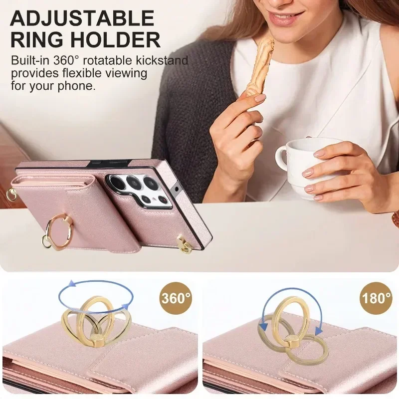 Ring Stand Card Holder Crossbody Case For Samsung Galaxy S21 S23 FE S25 S24 S22 Plus S26 Ultra A57 A37 A55 A53 A16 Leather Cover