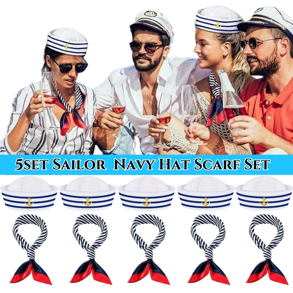 Sombrero de marinero, conjunto de sombrero y bufanda de capitán azul marino, disfraz Unisex, accesorios para fotos, fiesta de Mardi Gras, suministros divertidos para Cosplay, accesorios para actuaciones en escenario