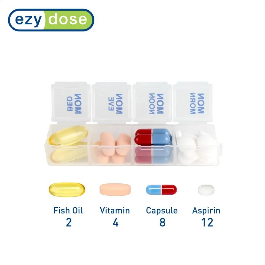 EZY DOSE Weekly 7 Day 4 Times a Day Push Button Pill Organizer and Vitamin Planner Removable Daily Pillboxes Blue Clear Lids La